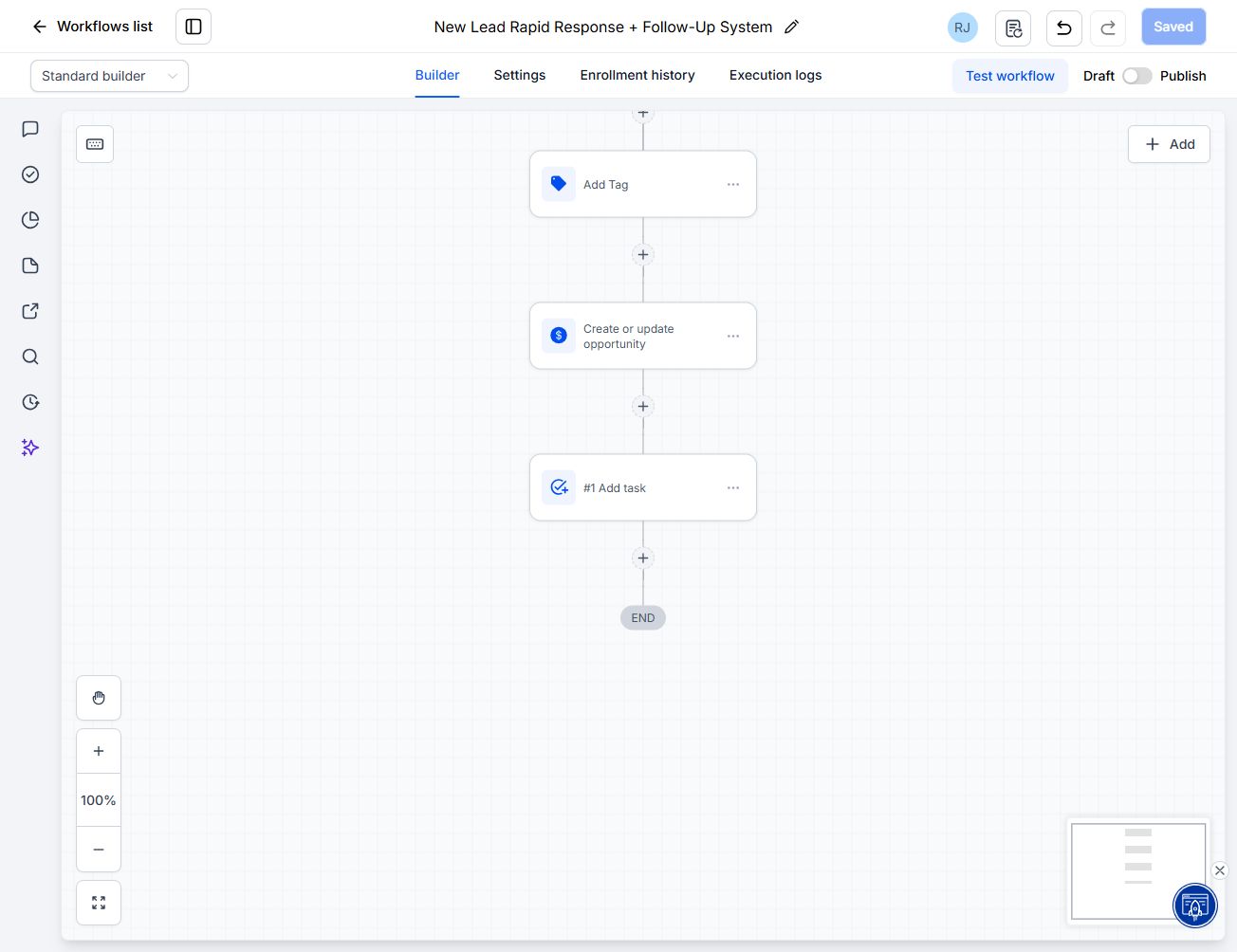 GHL workflow draft screen
